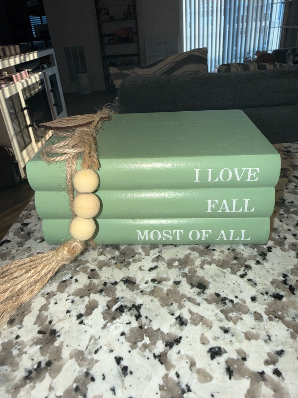 Decorative Green Stacked Books with Tassel - I Love Fall Most Of All